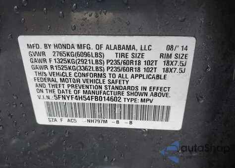 2015 Honda Pilot Ex-L from USA, damaged, VIN 5FNYF4H54FB014602